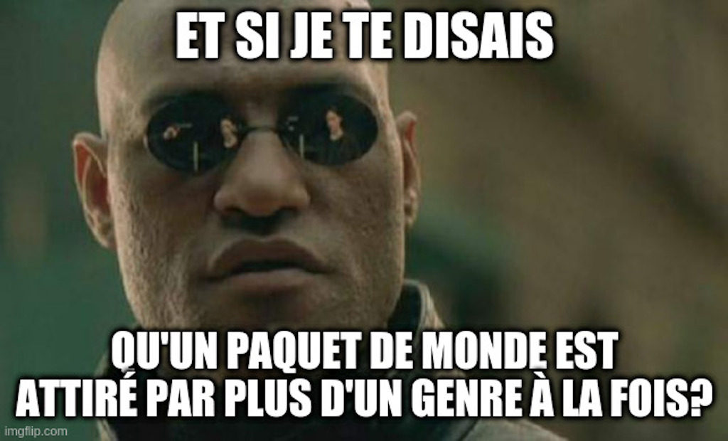 Morpheus de Matrix: "Et si je te disais qu'un paquet de monde est attiré par plus d'un genre à la fois?"